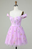 Off the Shoulder Lavender Cute Homecoming Dress with Embroidery Prom Cocktail Dresses