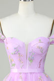 Off the Shoulder Lavender Cute Homecoming Dress with Embroidery Prom Cocktail Dresses