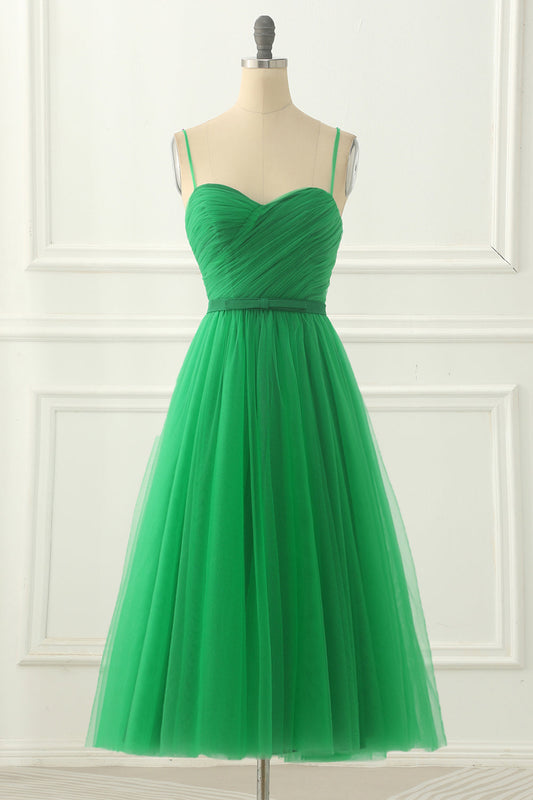 Green Spaghetti Straps Tulle Prom Dress with Sash Formal Evening Dresses Bridesmaid Gowns