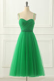 Green Spaghetti Straps Tulle Prom Dress with Sash Formal Evening Dresses Bridesmaid Gowns