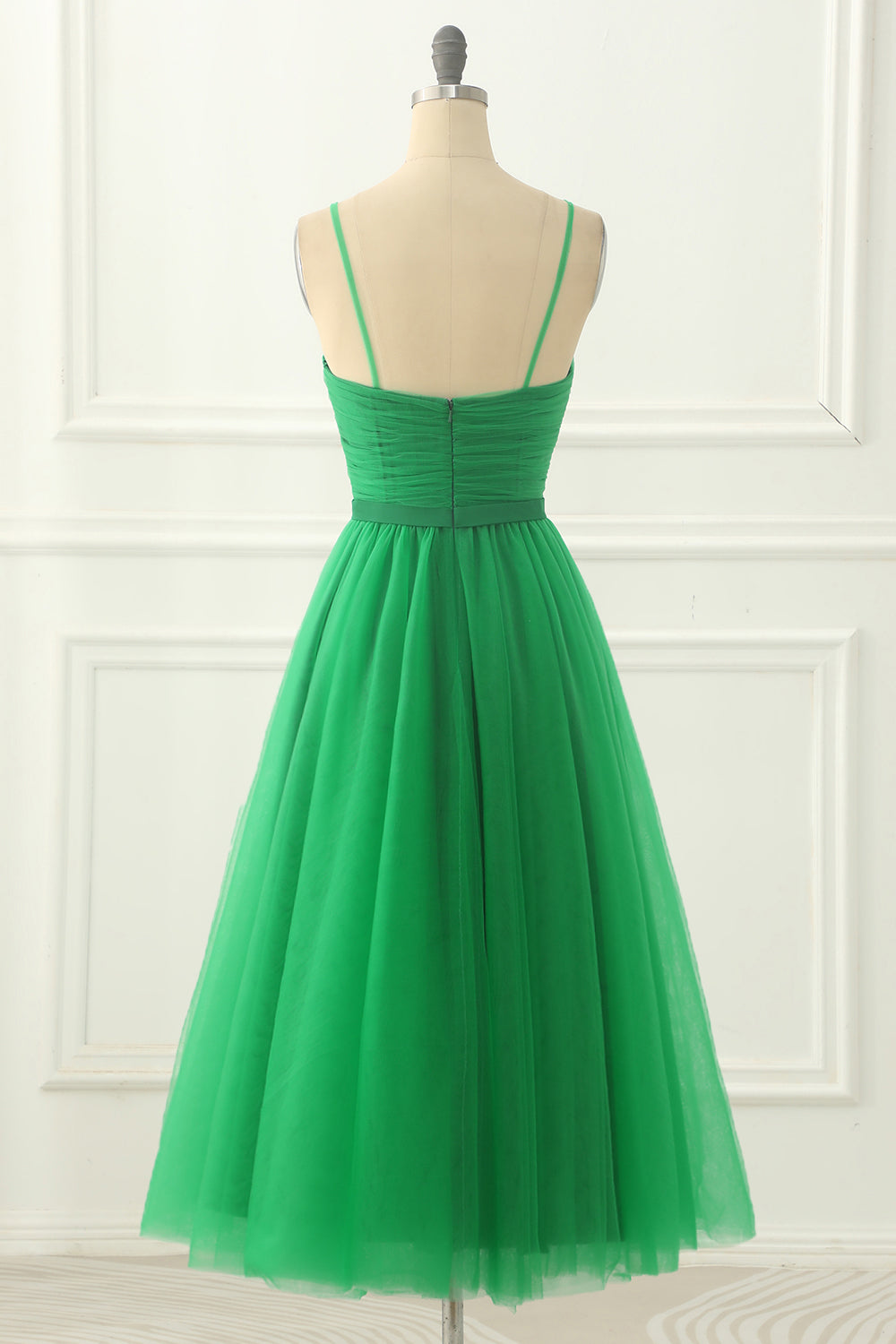 Green Spaghetti Straps Tulle Prom Dress with Sash Formal Evening Dresses Bridesmaid Gowns