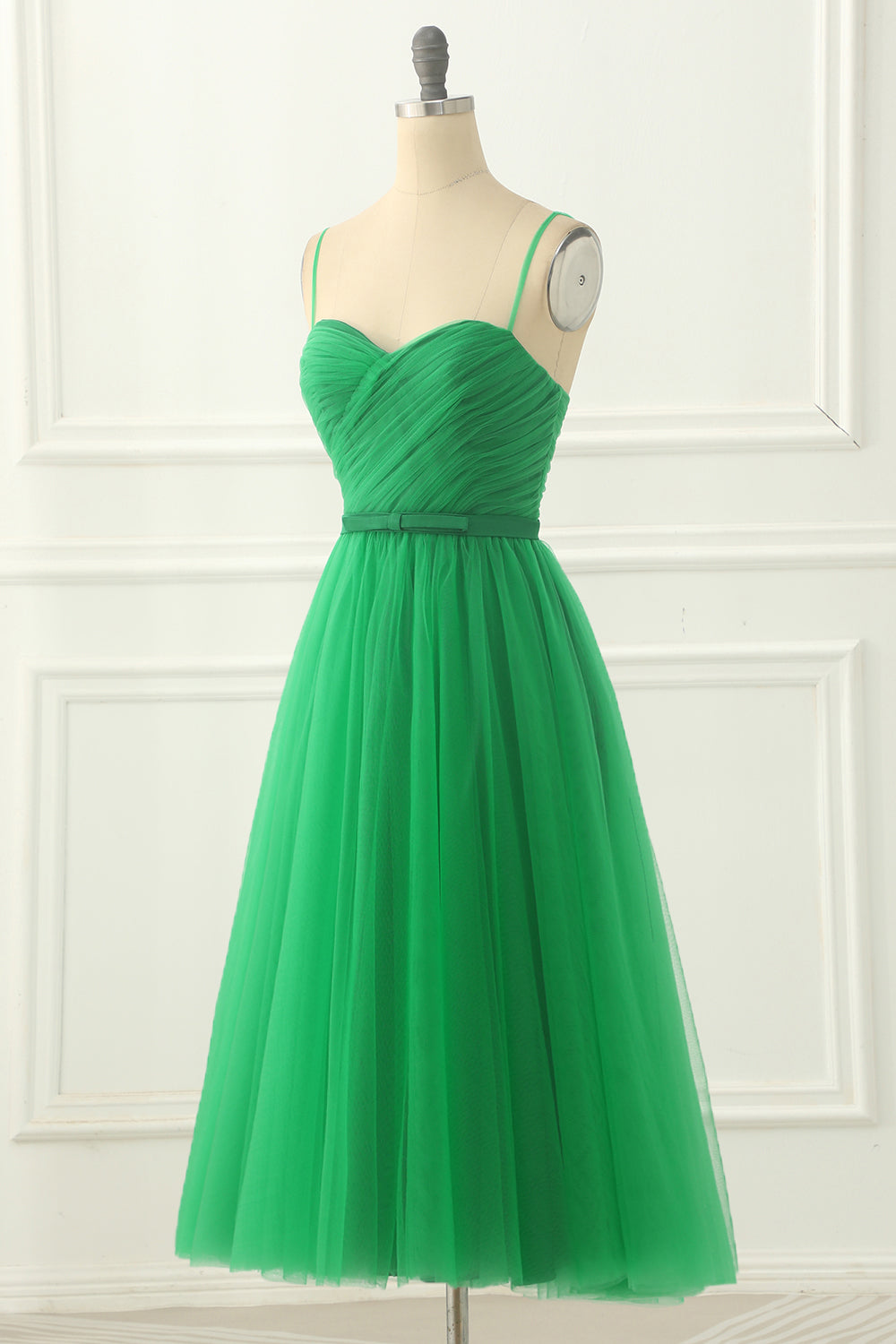 Green Spaghetti Straps Tulle Prom Dress with Sash Formal Evening Dresses Bridesmaid Gowns