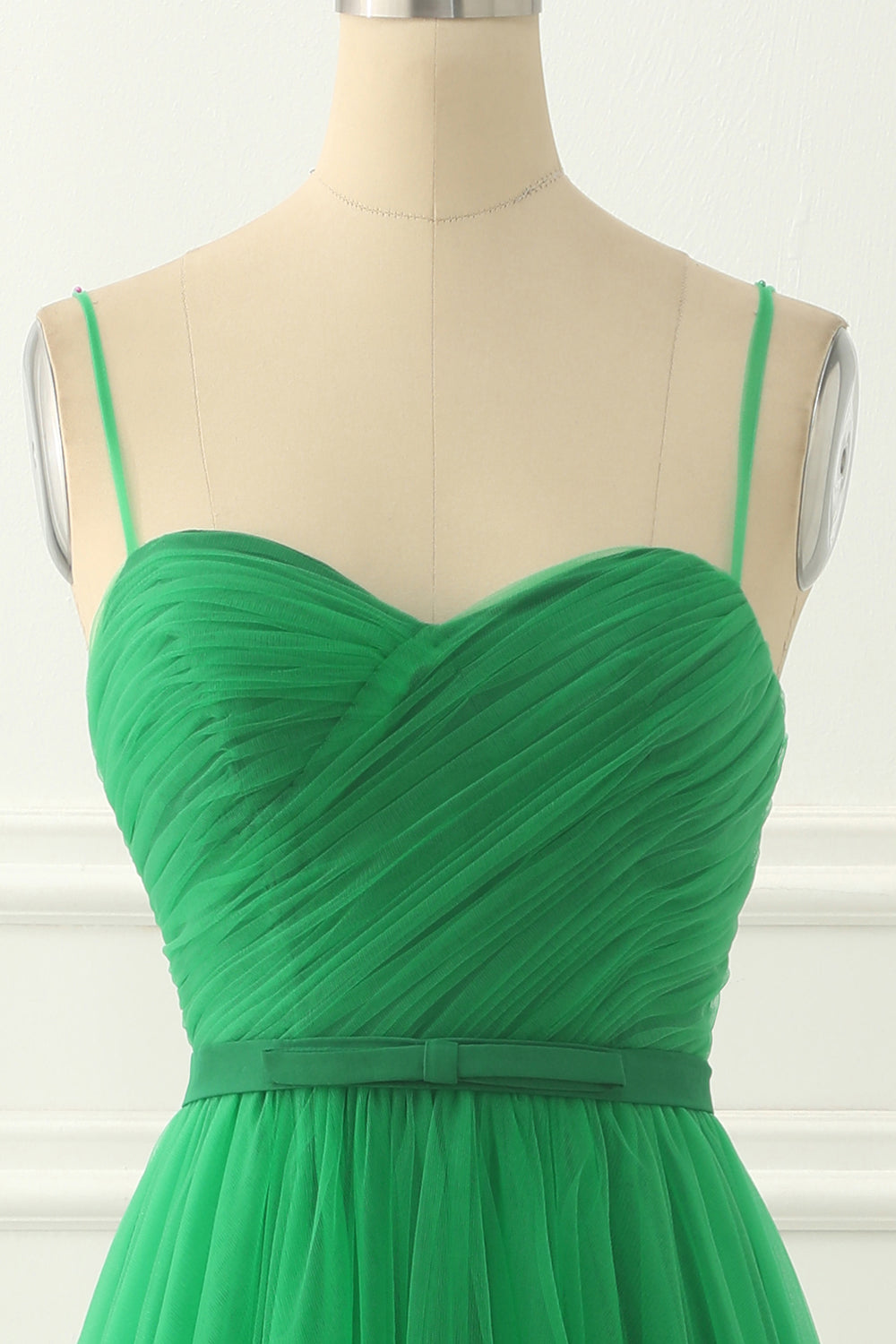 Green Spaghetti Straps Tulle Prom Dress with Sash Formal Evening Dresses Bridesmaid Gowns