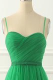 Green Spaghetti Straps Tulle Prom Dress with Sash Formal Evening Dresses Bridesmaid Gowns