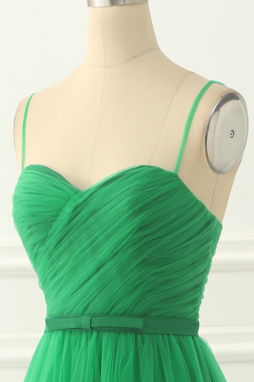 Green Spaghetti Straps Tulle Prom Dress with Sash Formal Evening Dresses Bridesmaid Gowns