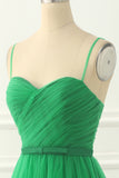 Green Spaghetti Straps Tulle Prom Dress with Sash Formal Evening Dresses Bridesmaid Gowns