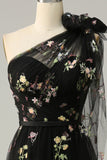 A-Line One Shoulder Black Long Prom Dress With Embroidery Formal Evening Dresses