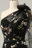 A-Line One Shoulder Black Long Prom Dress With Embroidery Formal Evening Dresses