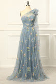 One-Shoulder-Tüll-Blau-Ballkleid mit Stickerei Formelle Abendkleider