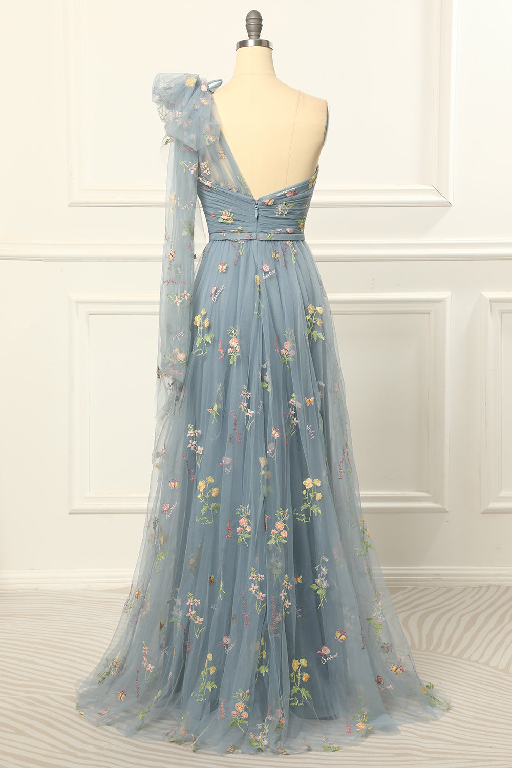 One-Shoulder-Tüll-Blau-Ballkleid mit Stickerei Formelle Abendkleider