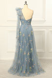 One-Shoulder-Tüll-Blau-Ballkleid mit Stickerei Formelle Abendkleider