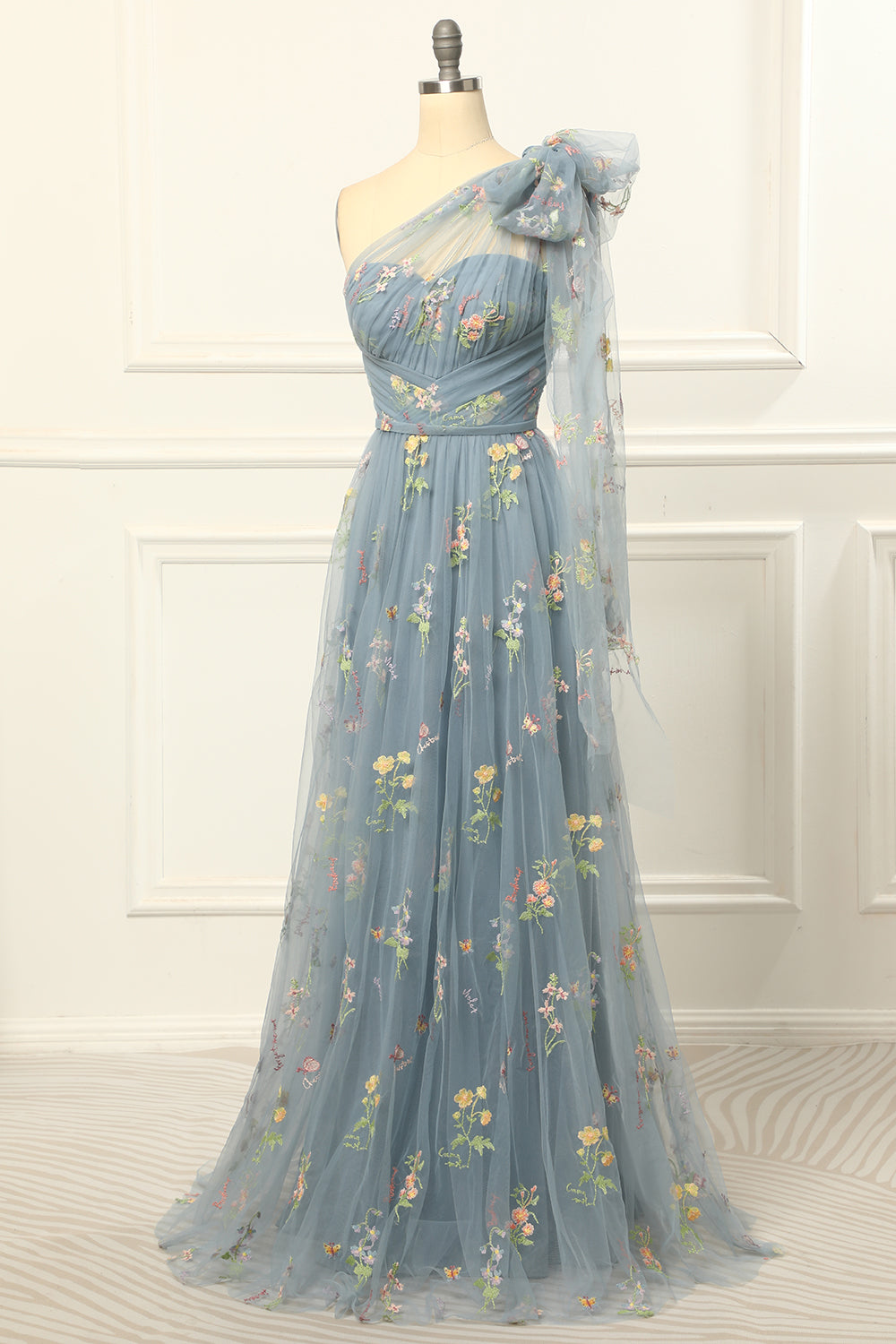 One-Shoulder-Tüll-Blau-Ballkleid mit Stickerei Formelle Abendkleider