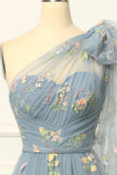One-Shoulder-Tüll-Blau-Ballkleid mit Stickerei Formelle Abendkleider