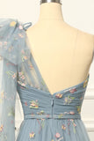 One-Shoulder-Tüll-Blau-Ballkleid mit Stickerei Formelle Abendkleider