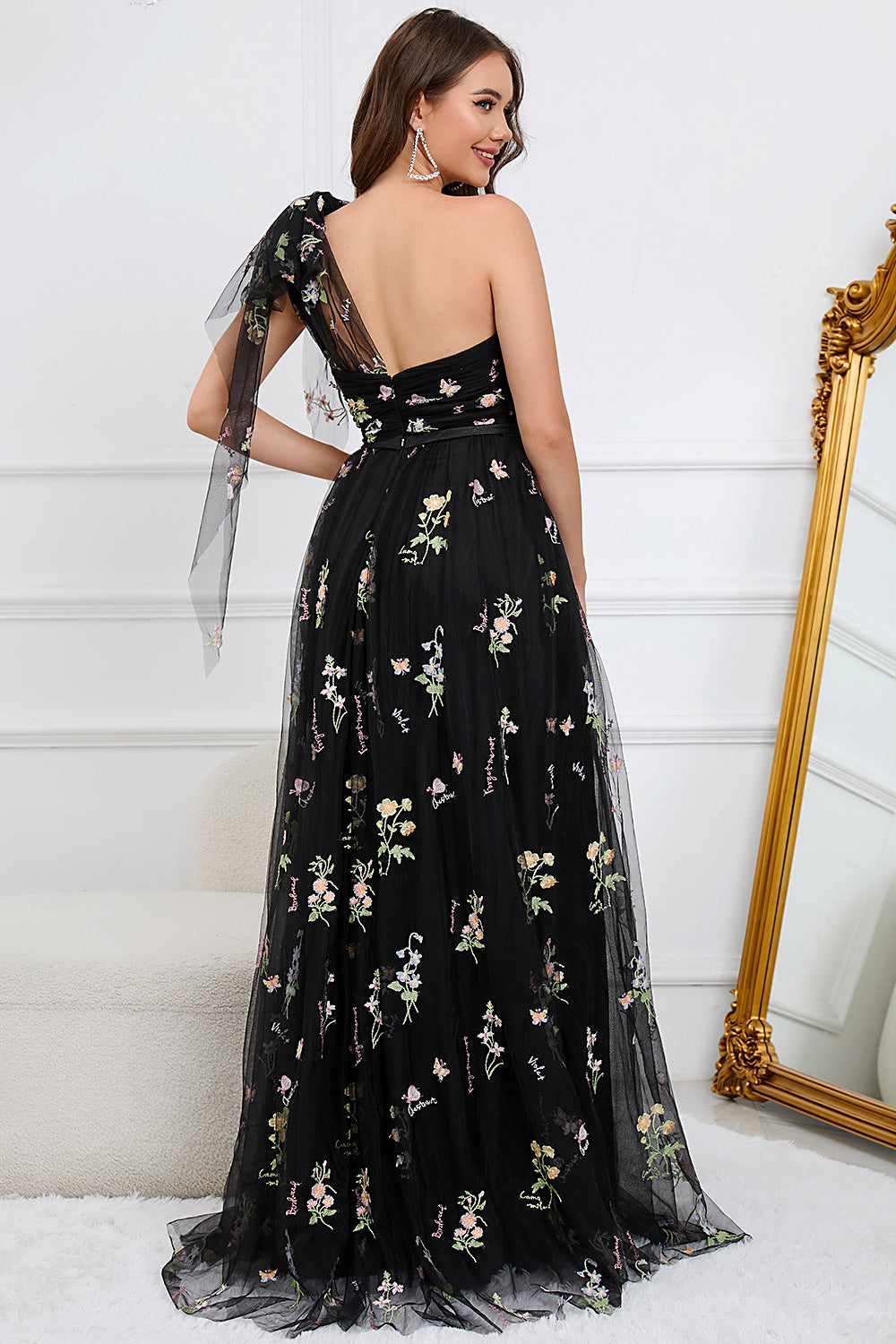 A-Line One Shoulder Black Floor Length Prom Dress With Embroidery Form