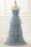 A Line Halter Tulle Prom Dress with Embroidery Formal Evening Dresses Party gowns