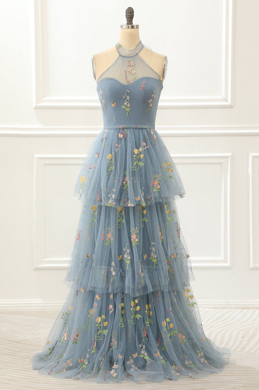 A-Linie Neckholder Tüll Ballkleid mit Stickerei Formelle Abendkleider Partykleider