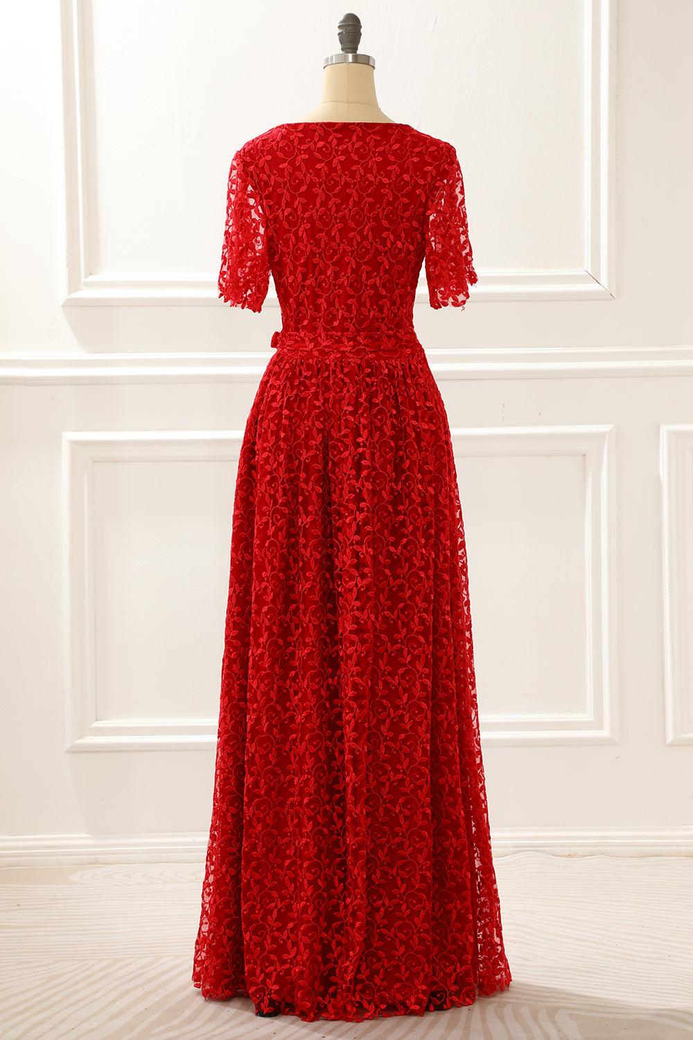 Red V-neck Lace Prom Dress with Slit Formal Evening Dresses with short sleeves