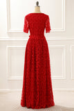 Red V-neck Lace Prom Dress with Slit Formal Evening Dresses with short sleeves