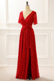Red V-neck Lace Prom Dress with Slit Formal Evening Dresses with short sleeves