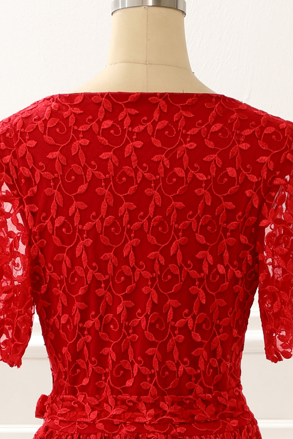 Red V-neck Lace Prom Dress with Slit Formal Evening Dresses with short sleeves