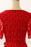Red V-neck Lace Prom Dress with Slit Formal Evening Dresses with short sleeves