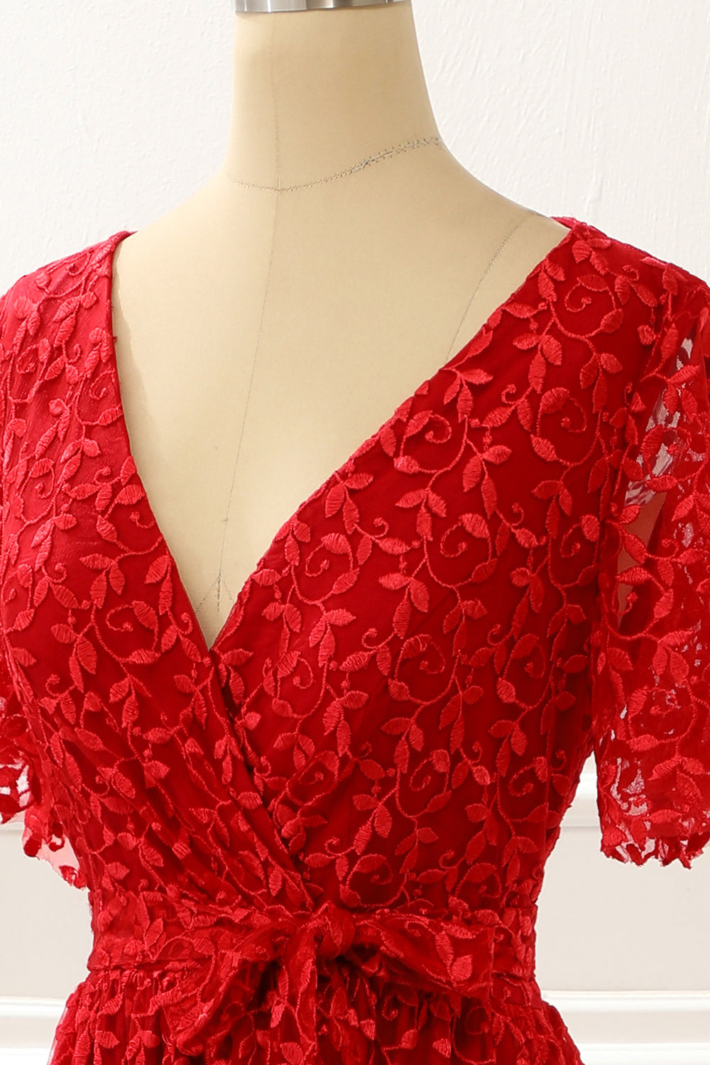 Red V-neck Lace Prom Dress with Slit Formal Evening Dresses with short sleeves