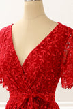 Red V-neck Lace Prom Dress with Slit Formal Evening Dresses with short sleeves