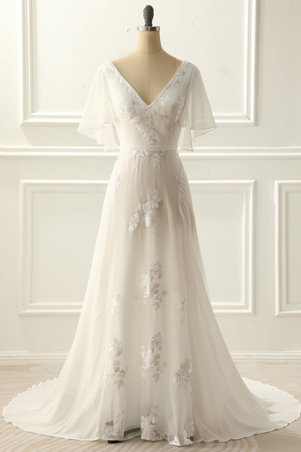 Ivory V Neck A Line Long Wedding Dress With Appliques Bridal Gowns with Lace