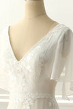 Ivory V Neck A Line Long Wedding Dress With Appliques Bridal Gowns with Lace