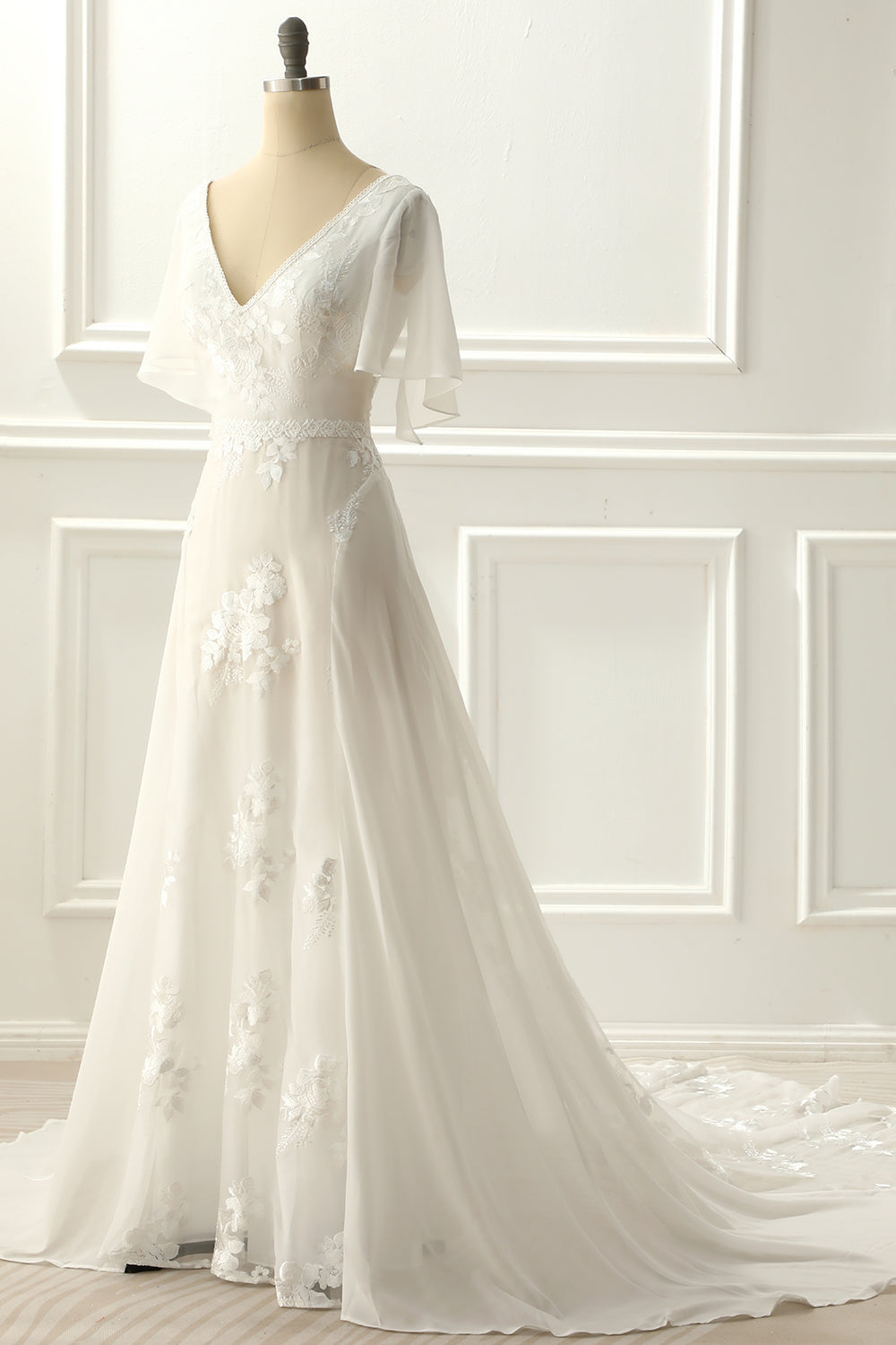Ivory V Neck A Line Long Wedding Dress With Appliques Bridal Gowns with Lace