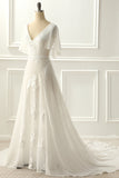 Ivory V Neck A Line Long Wedding Dress With Appliques Bridal Gowns with Lace