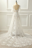 Ivory V Neck A Line Long Wedding Dress With Appliques Bridal Gowns with Lace