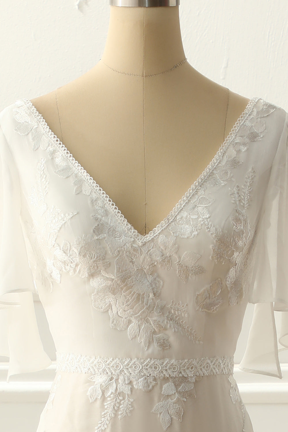 Ivory V Neck A Line Long Wedding Dress With Appliques Bridal Gowns with Lace
