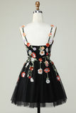 Champagne A Line Tulle Sparkly Homecoming Dress with Flowers Prom Cocktail Dresses