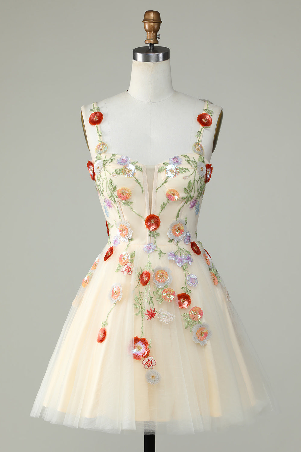 Champagne A Line Tulle Sparkly Homecoming Dress with Flowers Prom Cocktail Dresses
