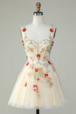 Champagne A Line Tulle Sparkly Homecoming Dress with Flowers Prom Cocktail Dresses