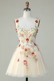 Champagne A Line Tulle Sparkly Homecoming Dress with Flowers Prom Cocktail Dresses
