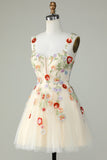 Champagne A Line Tulle Sparkly Homecoming Dress with Flowers Prom Cocktail Dresses