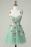 Green A Line Tulle Sparkly Homecoming Dress with Flowers Prom Cocktail Party Dresses