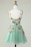 Champagne A Line Tulle Sparkly Homecoming Dress with Flowers Prom Cocktail Dresses