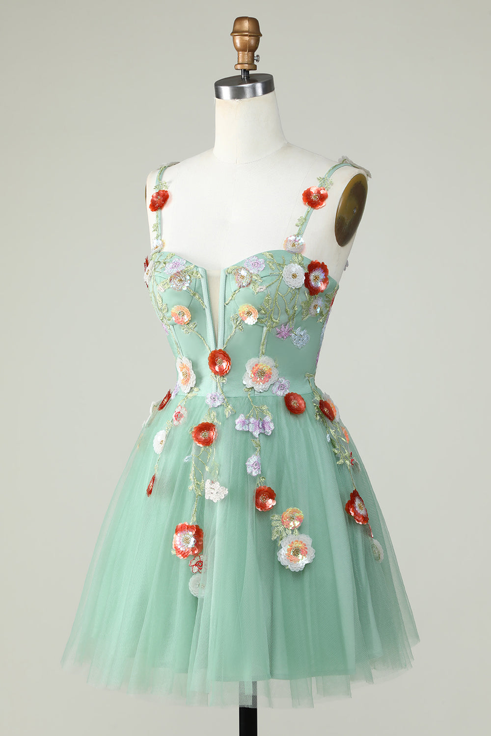 Green A Line Tulle Sparkly Homecoming Dress with Flowers Prom Cocktail Party Dresses