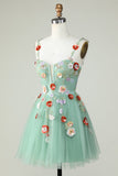 Green A Line Tulle Sparkly Homecoming Dress with Flowers Prom Cocktail Party Dresses