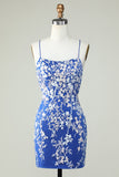 Royal Blue Spaghetti Straps Tight Homecoming Dress with Appliques Cocktail Prom Party Dresses