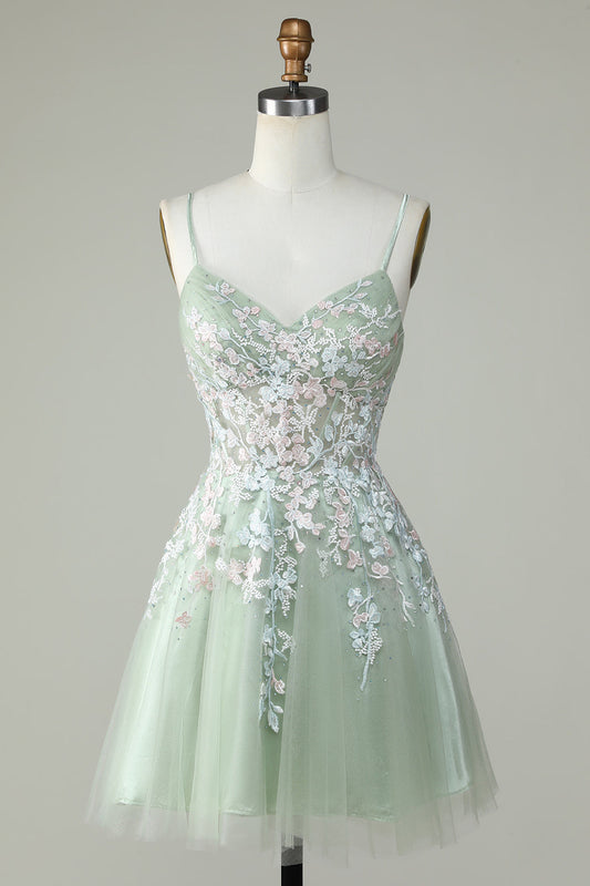 Vestido de fiesta verde con corsé y apliques, corte A, para cóctel y graduación