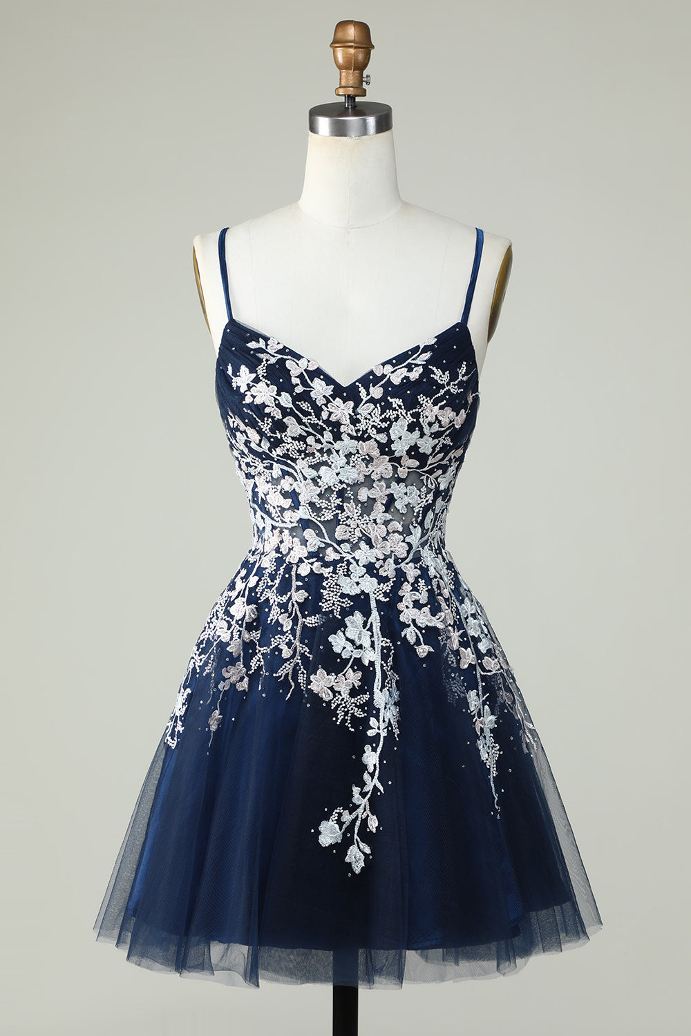A Line Navy Corset Homecoming Dress with Appliques Cocktail Prom Dresses