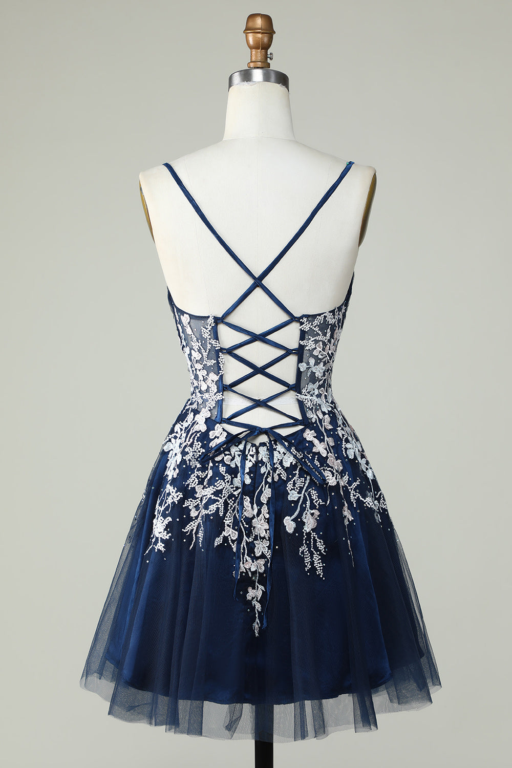 A Line Navy Corset Homecoming Dress with Appliques Cocktail Prom Dresses