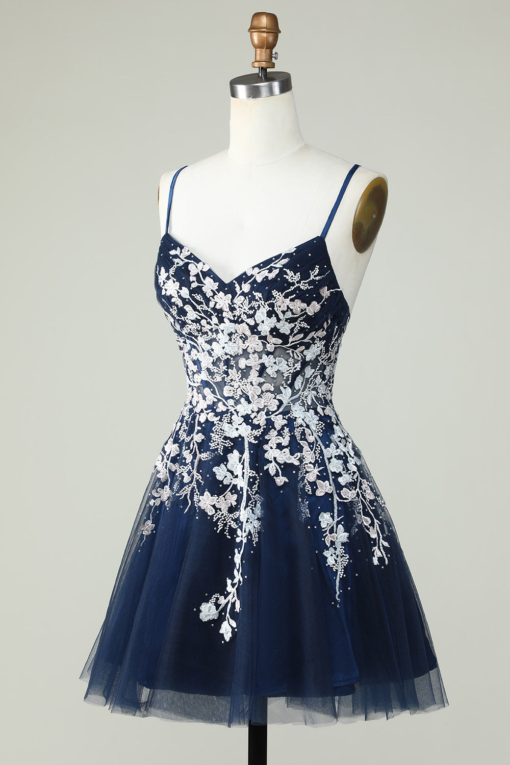 A Line Navy Corset Homecoming Dress with Appliques Cocktail Prom Dresses