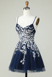 A Line Navy Corset Homecoming Dress with Appliques Cocktail Prom Dresses