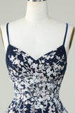 A Line Navy Corset Homecoming Dress with Appliques Cocktail Prom Dresses